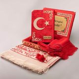 Şal+Seccade+Tesbih+AyYıldız Kuran Set (Orta, Kırmzı, Gold Pleksi)