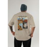 Salvador Dali Arka Baskılı Oversize T-Shirt Erkek Kadın Bisiklet Yaka Pamuk Tişort - Bej