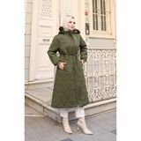 Samara Büyük Beden Beli Bağcıklı Kapüşonlu Mont 6343-03 Haki - 42