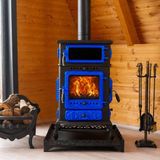 Samsun Soba Stella Fırınlı Mavi Renkli Döküm Soba - %100 Döküm, Ahşap Kulp, Yan Camlı Döküm Soba