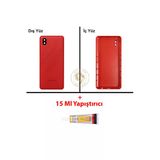 Samsung Galaxy A01 Core Kırmızı Renk Uyumlu Lensli Arka Kapak + B7000 Yapıştırıcı Arka Cam Batarya Kapağı Pil Kapağı Lazer Kesim Back Cover Galaxy A01 Core Uyumlu