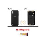 Samsung Galaxy A01 Siyah Renk Uyumlu Lensli Arka Kapak + B7000 Yapıştırıcı Arka Cam Batarya Kapağı Pil Kapağı Lazer Kesim Back Cover Galaxy A01 Uyumlu