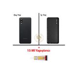 Samsung Galaxy A02 Siyah Renk Uyumlu Lensli Arka Kapak + B7000 Yapıştırıcı Arka Cam Batarya Kapağı Pil Kapağı Lazer Kesim Back Cover Galaxy A02 Uyumlu