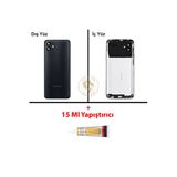 Samsung Galaxy A04s Siyah Renk Uyumlu Lensli Arka Kapak + B7000 Yapıştırıcı Arka Cam Batarya Kapağı Pil Kapağı Lazer Kesim Back Cover Galaxy A04s Uyumlu
