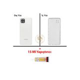 Samsung Galaxy A12 Beyaz Renk Uyumlu Lensli Arka Kapak + B7000 Yapıştırıcı Arka Cam Batarya Kapağı Pil Kapağı Lazer Kesim Back Cover Galaxy A12 Uyumlu