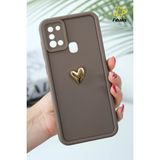 Samsung Galaxy A21S Kılıf 3D Kalp Tasarımlı Kahverengi Desenli Yumuşak Kamera Korumalı Silikon Kapak