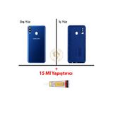 Samsung Galaxy M20 Mavi Renk Uyumlu Lensli Arka Kapak + B7000 Yapıştırıcı Arka Cam Batarya Kapağı Pil Kapağı Lazer Kesim Back Cover Galaxy M20 Uyumlu