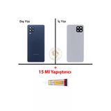 Samsung Galaxy M33 Mavi Renk Uyumlu Lensli Arka Kapak + B7000 Yapıştırıcı Arka Cam Batarya Kapağı Pil Kapağı Lazer Kesim Back Cover Galaxy M33 Uyumlu