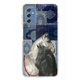 Samsung Galaxy M52 Uyumlu Mavi Kilim Desenli Siyah ve Beyaz At Baskılı Silikon Kılıf