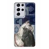 Samsung Galaxy S21 ULTRA Uyumlu Mavi Kilim Desenli Siyah ve Beyaz At Baskılı Silikon Kılıf
