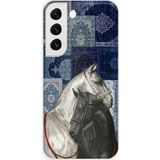 Samsung Galaxy S22 Uyumlu Mavi Kilim Desenli Siyah ve Beyaz At Baskılı Silikon Kılıf