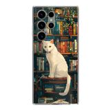 Samsung Galaxy S23 ULTRA Uyumlu Kitaplık Beyaz Kedi Tasarımlı Baskılı Silikon Kılıf