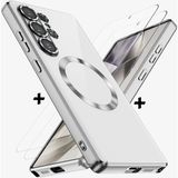 Samsung Galaxy S24 Ultra Kılıf Magsafe Şarj Destekli Renkli Parlak Kenarlı Arkası Şeffaf Silikon + Ekran Koruyucu Cam Set 2in1 - Gri