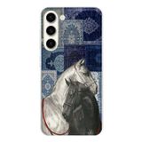 Samsung Galaxy S25 PLUS Uyumlu Mavi Kilim Desenli Siyah ve Beyaz At Baskılı Silikon Kılıf