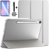 Samsung Galaxy Tab S10 Fe Plus 13.1 Inç 2025 Tablet Kılıfı Akıllı Smart Uyku Modlu Katlanabilir Arkası Renkli Şeffaf Standlı Kılıf + Ekran Koruyucu Cam + Kalem 3'lü Set SM-X620 X626B - Açık Gri