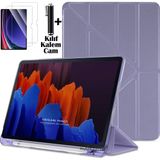 Samsung Galaxy Tab S7 Fe S8 Plus 12.4inç Kılıf Kalem Bölmeli Katlanabilir Standlı Yumuşak Silikon Kapak + Ekran Koruyucu Cam + Dokunmatik Kalem 3'lü Set - Galaxy S7 Fe / S8 Plus - Lavanta Moru