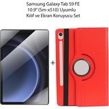Samsung Galaxy Tab S9 Fe 10.9'' (SM-X510) Uyumlu 360° Dönen Standlı Kılıf ve Ekran Koruyucu Set - Kırmızı