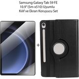 Samsung Galaxy Tab S9 Fe 10.9'' (SM-X510) Uyumlu 360° Dönen Standlı Kılıf ve Ekran Koruyucu Set - Siyah