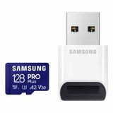 SAMSUNG PRO Plus microSD hafıza kartı + okuyucu, 128 GB MicroSDXC, 180 MB/s'ye kadar, Full HD ve 4K UHD, UHS-I, C10, U3, V30, A2, Android telefonlar, tabletler, GoPRO, DJI Drone, MB-MD128SB/AM, 2023