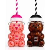 Şanal Ayıcık Cam Bardak 500 ml Şeffaf Kalın Cam Kağıt Pipetli Soğuk Içecek, Kahve, Detoks ve Frozen Için Uygun Renkli Detaylı (Ayıcık, Pembe Siyah) - 00-Siyah - Beyaz