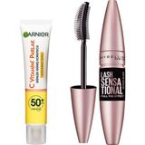 Şanal Garnier C Vitamini Günlük Uv Korumalı Güneş Yüz Kremi SPF50 Görünmez Doku 40ML & Maybelline New York Lash Sensational Yelpaze Etkili Intense Black Maskara - 001 Brown