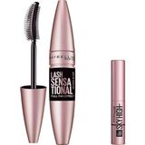 Şanal Maybelline New York Lash Sensational Yelpaze Etkili Intense Black Maskara Ekstra Siyah 9.5 ml & Mini Lash Sensational Sky High Maskara Makyaj Seti - 001 Brown