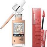Şanal Maybelline New York Super Stay Vinyl Ink Uzun Süre Kalıcı Likit Parlak Ruj 15 Peachy & Super Stay Skin Tint Fondöten - 10 Makyaj Seti