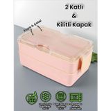 Sanal Ticaretim Dikdörtgen İki Katlı Lunch Box Pembe Renk Beslenme Kutusu Saklama Kutusu