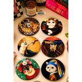 Sanat Eseri Kedi Tasarımlı 6’lı Bardak Altlığı Seti – 9 cm, 3 mm MDF, UV Dijital Baskı