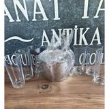 Sanat Taciri 6 Adet Kalın Cam Rakı Bardağıve Paslanmaz Çelik Buz Kovası - Şeffaf