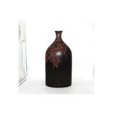Sanat Taciri Üzeri Kırmızı Yaprak Desenli Büyük Boy Siyah Vazo - 41 Cm