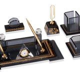 SANATBLOĞU Vip Ofis Masa İsimlik Hediye Kristal Sümen Takımı Özel Kutulu Füme Desenli Gold Set CLK-2105