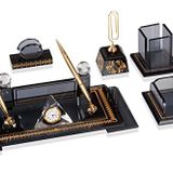 SANATBLOĞU Vip Ofis Masa İsimlik Hediye Kristal Sümen Takımı Özel Kutulu Füme Desenli Gold Set CLK-2106