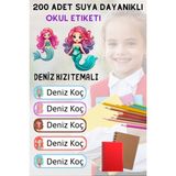 sanatıbedi 200 Adet Suya Dayanıklı Kişiye Özel Okul Etiket Seti - Kalem Defter Kitap Stickerı - deniz kızı