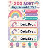sanatıbedi 200 Adet Suya Dayanıklı Unicorn Okul Etiketi - Kalem defter kitap suluk için isim sticker