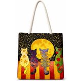 Sanatsal Kedi Desenli Bez Tote Çanta – Halat Askılı, Günlük & Alışveriş Çantası, Geniş Hacimli, Şık ve Dayanıklı