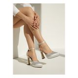 sanbara Gümüş Saten Bilek Bağlamalı Platform Kalın Topuk Stiletto Abiye Ayakkabı 11.5Cm