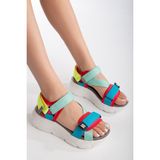 Sandal Spor Kadın Dolgu Topuk Cırtlı Günlük Spor Sandalet SS001-0178 Yeşil Mavi - Mavi - Yeşil