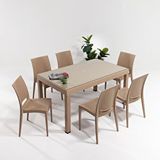 Sandalie Rattan Large Camlı Cappucino Masa Takımı Bahçe ve balkon 1 Camlı Masa + 6 Sandalye Bej