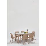 Sandalie Rattan Large Lüx Camlı Cappucino Bahçe ve Balkon Masa Takımı, 1 Camlı Masa + 6 Sandalye Bej