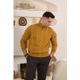 San&fa Çizgili Balıkcı Yaka Fermuarlı Regular Fit Erkek Triko Kazak - M - Hardal