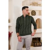 San&fa Çizgili Balıkcı Yaka Fermuarlı Regular Fit Erkek Triko Kazak - M - Yeşil