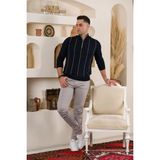 San&fa Çizgili Balıkcı Yaka Fermuarlı Regular Fit Erkek Triko Kazak - XXL - Lacivert