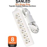 ŞANLED Grup Priz Topraklı 6'lı Çoklu Priz Seyyar Ara Uzatma Kablosu Ttr 2x2,5 mm Kablo 8 Metre - Beyaz