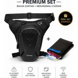 Sannora Bags Unisex Siyah Su Geçirmez Bel Bacak Omuz Motorcu Çantası ve Mekanizmalı Kartlık Cüzdan