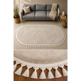 SANRUGS Home & Living Bej Renk, Akrilik Püsküllü Oval Kesim Post Peluş Yumuşak Tavşan Tüylü Yıkanabilir ve Kaymaz Tabanlı Halı