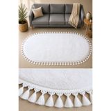 SANRUGS Home & Living Beyaz Renk, Akrilik Püsküllü Oval Kesim Post Peluş Yumuşak Tavşan Tüylü Yıkanabilir ve Kaymaz Tabanlı Halı