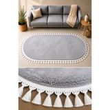 SANRUGS Home & Living Gri Renk, Akrilik Püsküllü Oval Kesim Post Peluş Yumuşak Tavşan Tüylü Yıkanabilir ve Kaymaz Tabanlı Halı