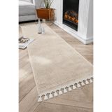 SANRUGS Home & Living POST Bej Renk, Püsküllü, Yumuşak Tavşan Tüylü, Yıkanabilir ve Kaymaz Tabanlı Halı Antre Banyo Koridor