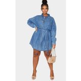 Şans Kadın Büyük Beden Mavi , Yıkamalı Denim, Kuşak Detaylı Kot Elbise 65N38790